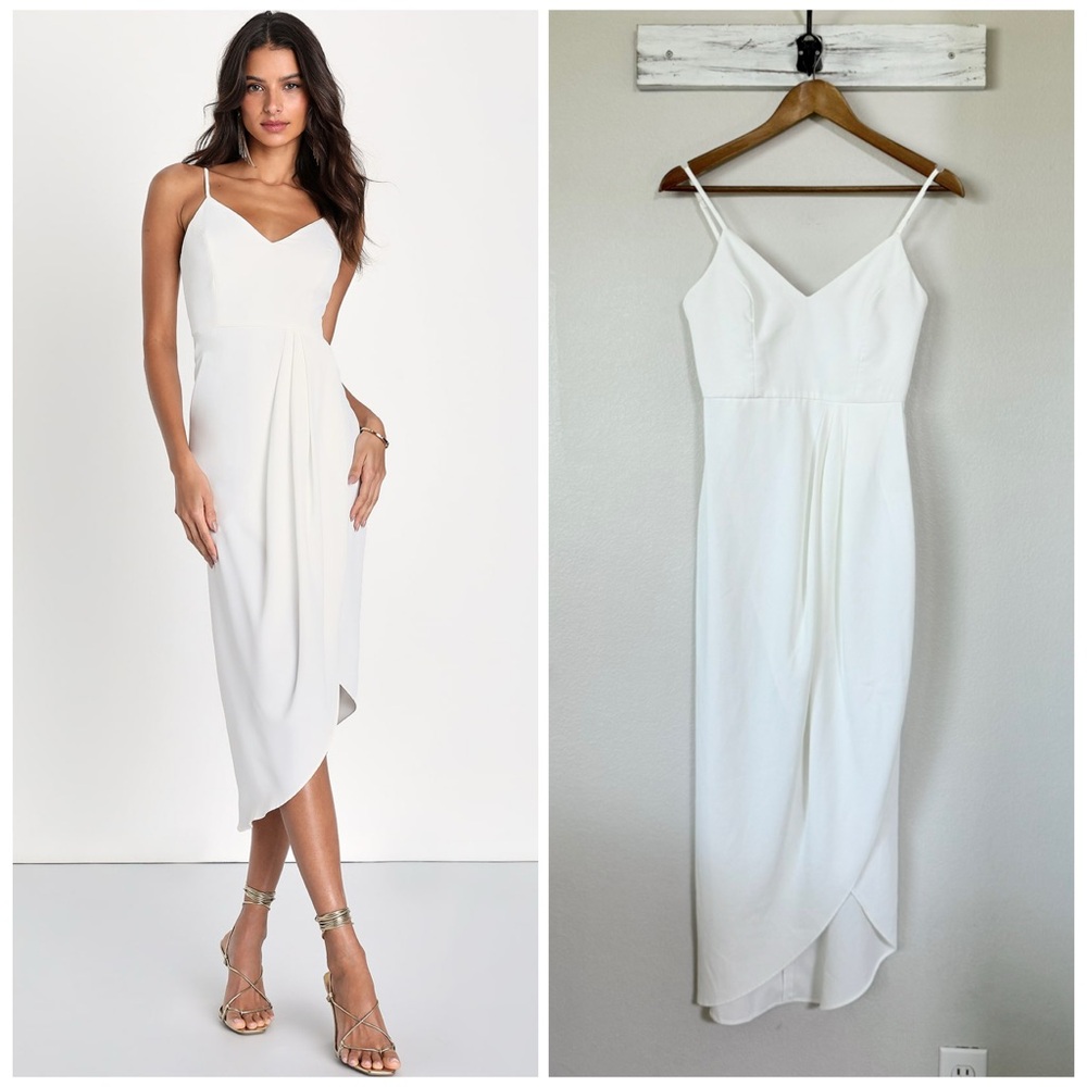 LULUS XS Reinette White Midi Dress • Sleeveless Fitted Stretch Crepe Princess